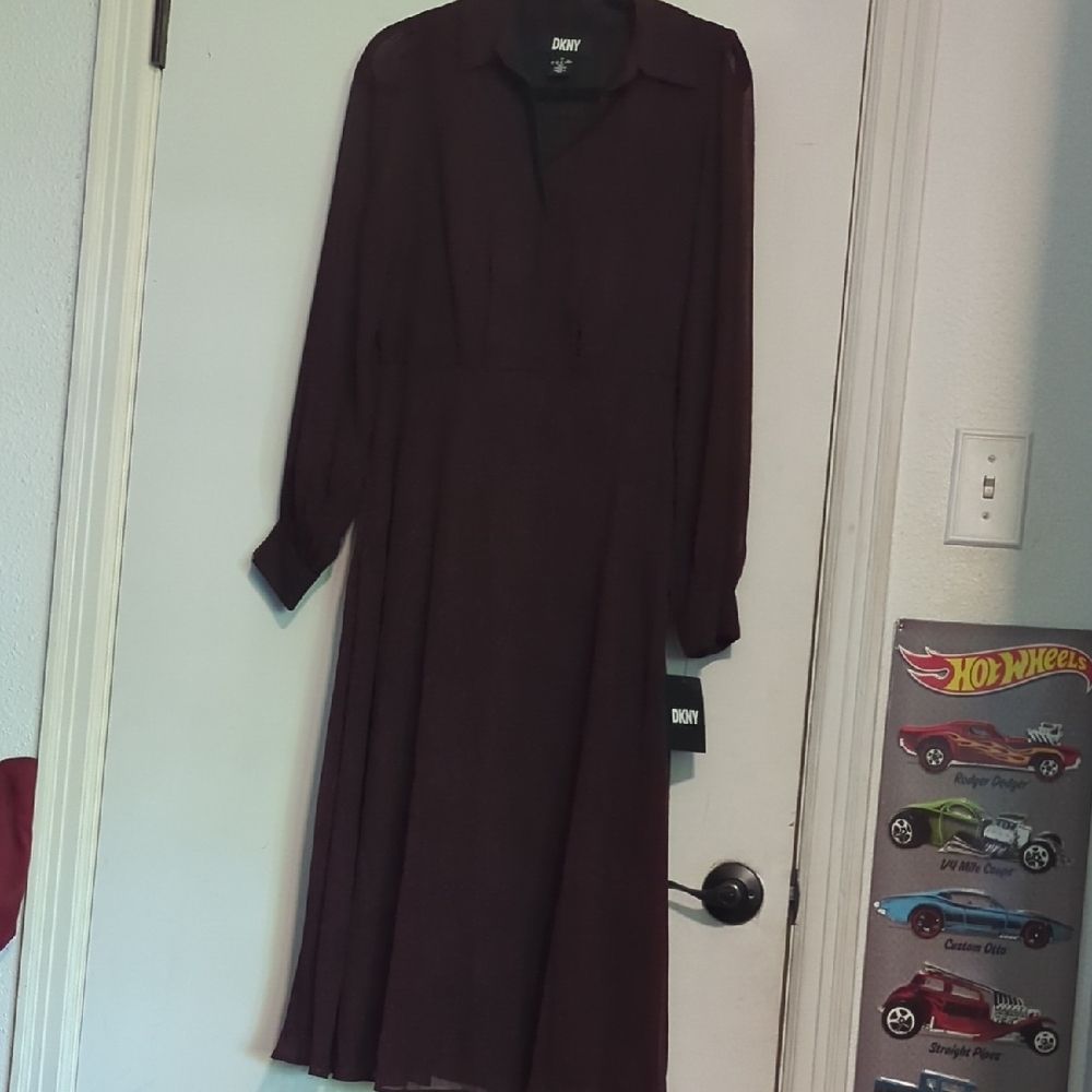 Dkny Red and Black Long Sleeve Bishop Dress